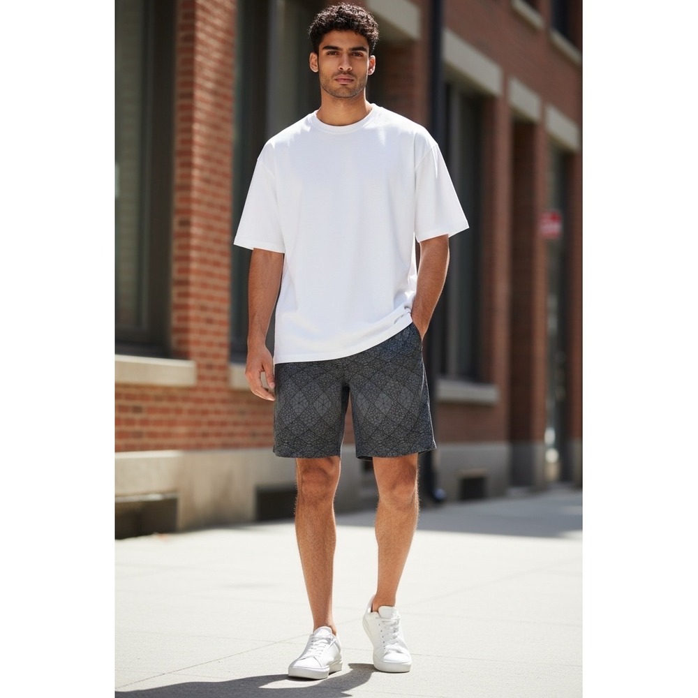 Nike Dri-FIT Mens Grey Black Geometric Grid Athletic Basketball Shorts Large